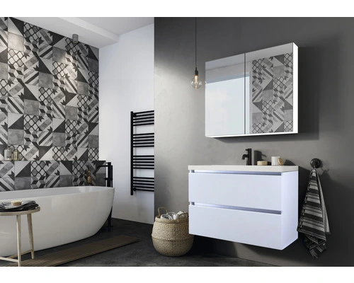 Sanox Badmöbel-Set Vogue 100 Cm Mit Keramikwaschtisch 2 Hahnlöcher Und Spiegel Mit LED-Beleuchtung Weiss Hochglanz – Bild 4