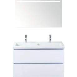 Sanox Badmöbel-Set Vogue 100 Cm Mit Keramikwaschtisch 2 Hahnlöcher Und Spiegel Mit LED-Beleuchtung Weiss Hochglanz