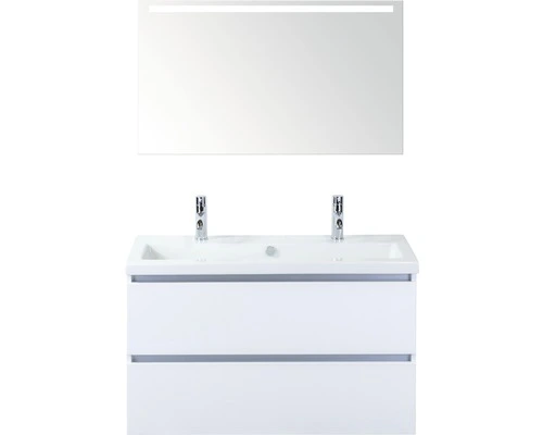 Sanox Badmöbel-Set Vogue 100 Cm Mit Keramikwaschtisch 2 Hahnlöcher Und Spiegel Mit LED-Beleuchtung Weiss Hochglanz