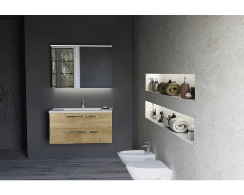 Badmöbel-Set Sanox Seville Frontfarbe Eiche Natur BxHxT 100 X 170 X 46 Cm Mit Mineralguss-Doppelwaschtisch Und Spiegel Mit LED-Beleuchtung – Bild 5
