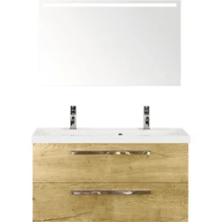 Badmöbel-Set Sanox Seville Frontfarbe Eiche Natur BxHxT 100 X 170 X 46 Cm Mit Mineralguss-Doppelwaschtisch Und Spiegel Mit LED-Beleuchtung