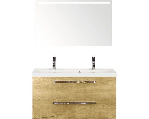Badmöbel-Set Sanox Seville Frontfarbe Eiche Natur BxHxT 100 X 170 X 46 Cm Mit Mineralguss-Doppelwaschtisch Und Spiegel Mit LED-Beleuchtung