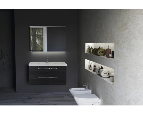 Sanox Badmöbel-Set Seville 100 Cm Naturstein Waschbecken 2 Hahnlöcher Inkl. Spiegelschrank Black Oak – Bild 4