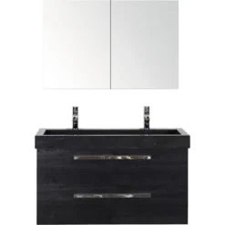 Sanox Badmöbel-Set Seville 100 Cm Naturstein Waschbecken 2 Hahnlöcher Inkl. Spiegelschrank Black Oak