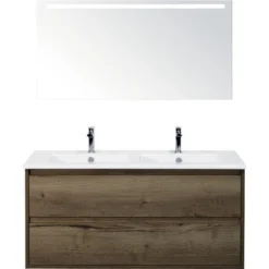 Sanox Badmöbel-Set Porto 120 Cm 2 Schubladen Keramik Waschbecken Inkl. Spiegel Mit Beleuchtung Tabacco