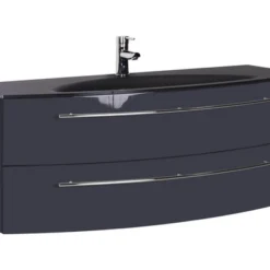 Badmöbel-Set Marlin 3040 Frontfarbe Anthrazit Glanz 2-teilig Mit Glas-Waschtisch BxHxT 120,4 X 90 X 47,9 Cm