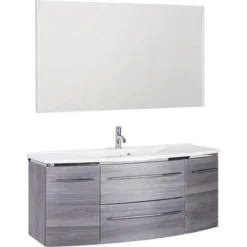 Badmöbel-Set Marlin 3040 Frontfarbe Kastanie Graphit Holzdekor 3-teilig Mit Mineralmarmor-Waschtisch Weiss BxHxT 122,4 X 198,2 X 48 Cm Mit Spiegel