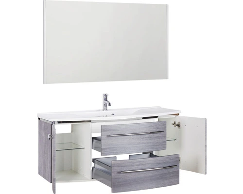 Badmöbel-Set Marlin 3040 Frontfarbe Kastanie Graphit Holzdekor 3-teilig Mit Mineralmarmor-Waschtisch Weiss BxHxT 122,4 X 198,2 X 48 Cm Mit Spiegel – Bild 3