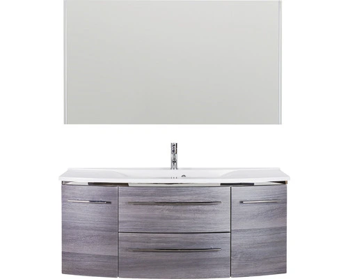 Badmöbel-Set Marlin 3040 Frontfarbe Kastanie Graphit Holzdekor 3-teilig Mit Mineralmarmor-Waschtisch Weiss BxHxT 122,4 X 198,2 X 48 Cm Mit Spiegel – Bild 2