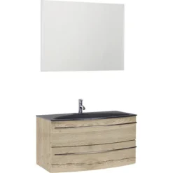 Badmöbel-Set Marlin 3040 Frontfarbe Eiche Natur Holzdekor 3-teilig Mit Glas-Waschtisch BxHxT 90,4 X 198,2 X 47,9 Cm Mit Spiegel