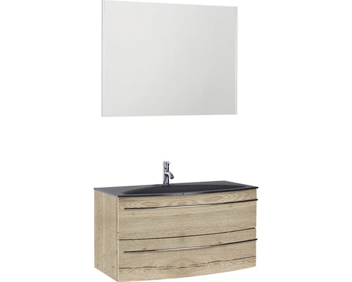 Badmöbel-Set Marlin 3040 Frontfarbe Eiche Natur Holzdekor 3-teilig Mit Glas-Waschtisch BxHxT 90,4 X 198,2 X 47,9 Cm Mit Spiegel