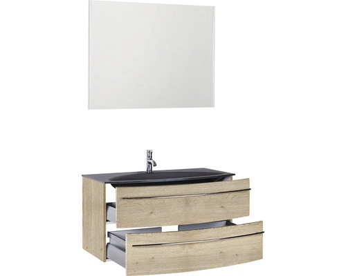Badmöbel-Set Marlin 3040 Frontfarbe Eiche Natur Holzdekor 3-teilig Mit Glas-Waschtisch BxHxT 90,4 X 198,2 X 47,9 Cm Mit Spiegel – Bild 3