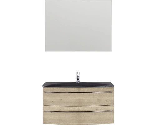Badmöbel-Set Marlin 3040 Frontfarbe Eiche Natur Holzdekor 3-teilig Mit Glas-Waschtisch BxHxT 90,4 X 198,2 X 47,9 Cm Mit Spiegel – Bild 2