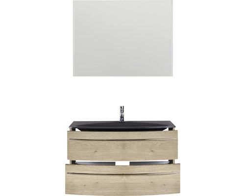 Badmöbel-Set Marlin 3040 Frontfarbe Eiche Natur Holzdekor 3-teilig Mit Glas-Waschtisch BxHxT 90,4 X 198,2 X 47,9 Cm Mit Spiegel – Bild 4