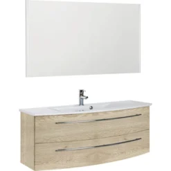 Badmöbel-Set Marlin 3040 Frontfarbe Eiche Natur Holzdekor 3-teilig Mit Keramik-Waschtisch Weiss BxHxT 121 X 198,2 X 51 Cm Mit Spiegel