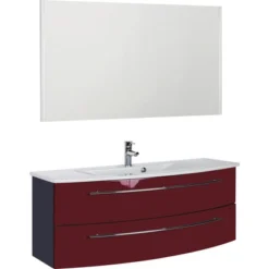 Badmöbel-Set Marlin 3040 Frontfarbe Rot Glanz 3-teilig Mit Keramik-Waschtisch Weiss BxHxT 121 X 198,2 X 51 Cm Mit Spiegel