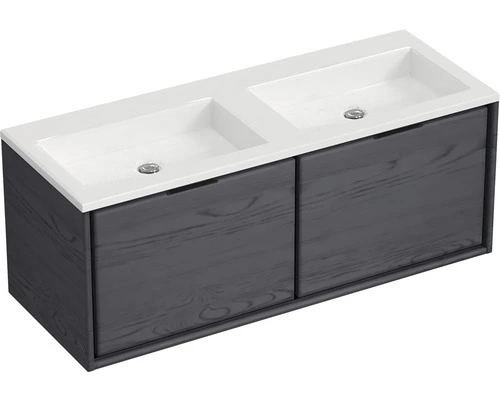 Badmöbel-Set Sanox Loft BxHxT 120,5 (60/60)) X 47 X 45,5 Cm Frontfarbe Black Oak 2-teilig Mit Doppelwaschtisch Mineralguss Ohne Hahnloch – Bild 3