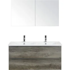 Sanox Badmöbel-Set Pulse 120 Cm Mit Doppelwaschtisch Keramik Nebraska Eiche Und Spiegelschrank 84726024