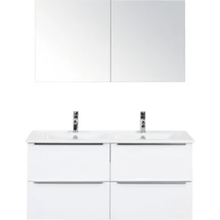 Sanox Badmöbel-Set Pulse 120 Cm Mit Doppelwaschtisch Keramik Weiss Hochglanz Und Spiegelschrank 84726301
